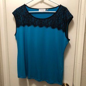 Calvin Klein Blue and Black Top with Lace Yoke